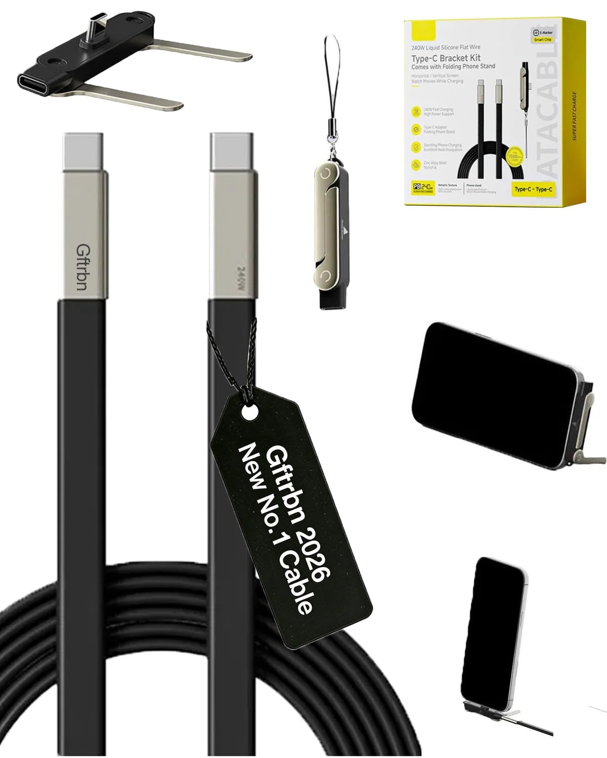 Phone Charger 240W Silicone Cable with 2 in 1 Detachable Stand 480Mbps Data Transfer Speed 90° Angle Universal Type-C for Smartphone Tablet Laptop