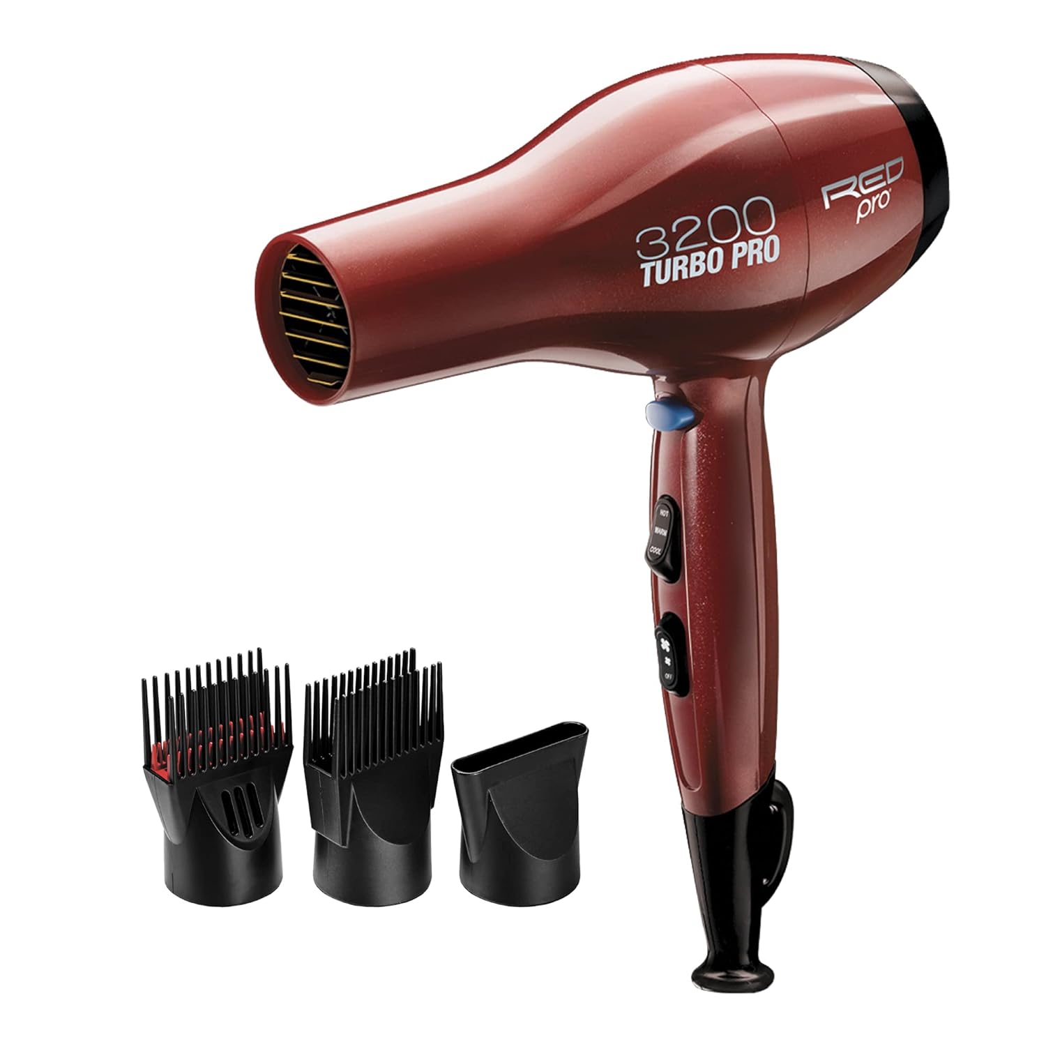 RED Pro 3200 Turbo Pro Detangler AC hair dryer with 3 heat and 2 speed settings, shown with sleek black design and adjustable nozzle.