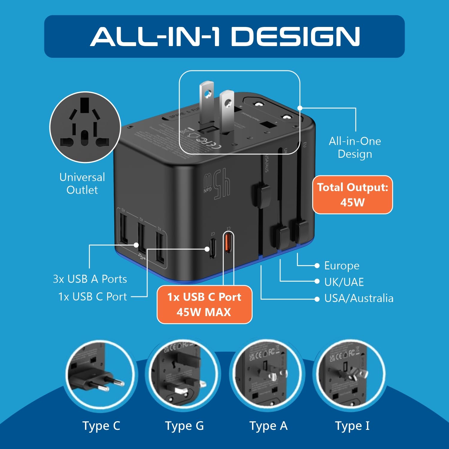 Ceptics 45W Universal Travel Adapter w/ 3 USB-A, 2 USB-C & Univer by Ceptics - Angle View 3