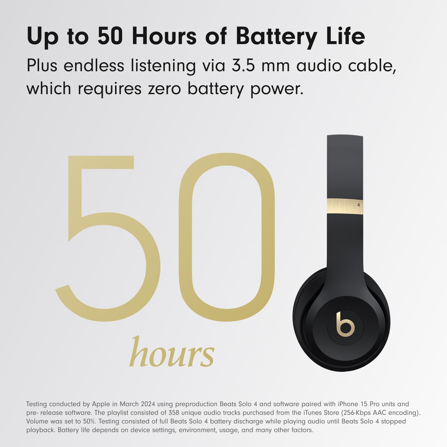 Beats Solo 4 wireless on-ear Bluetooth headphones in black and gold with sleek design and lightweight comfort.