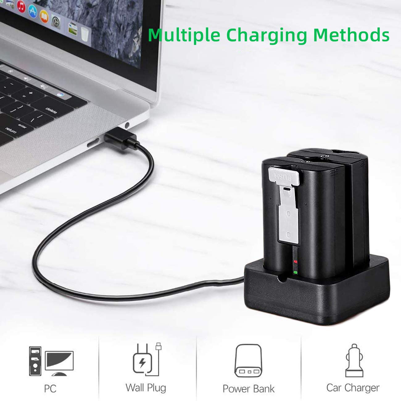 YUELAN 2-pack 6040mAh ring batteries with dual charger, rechargeable power source for compatible devices.