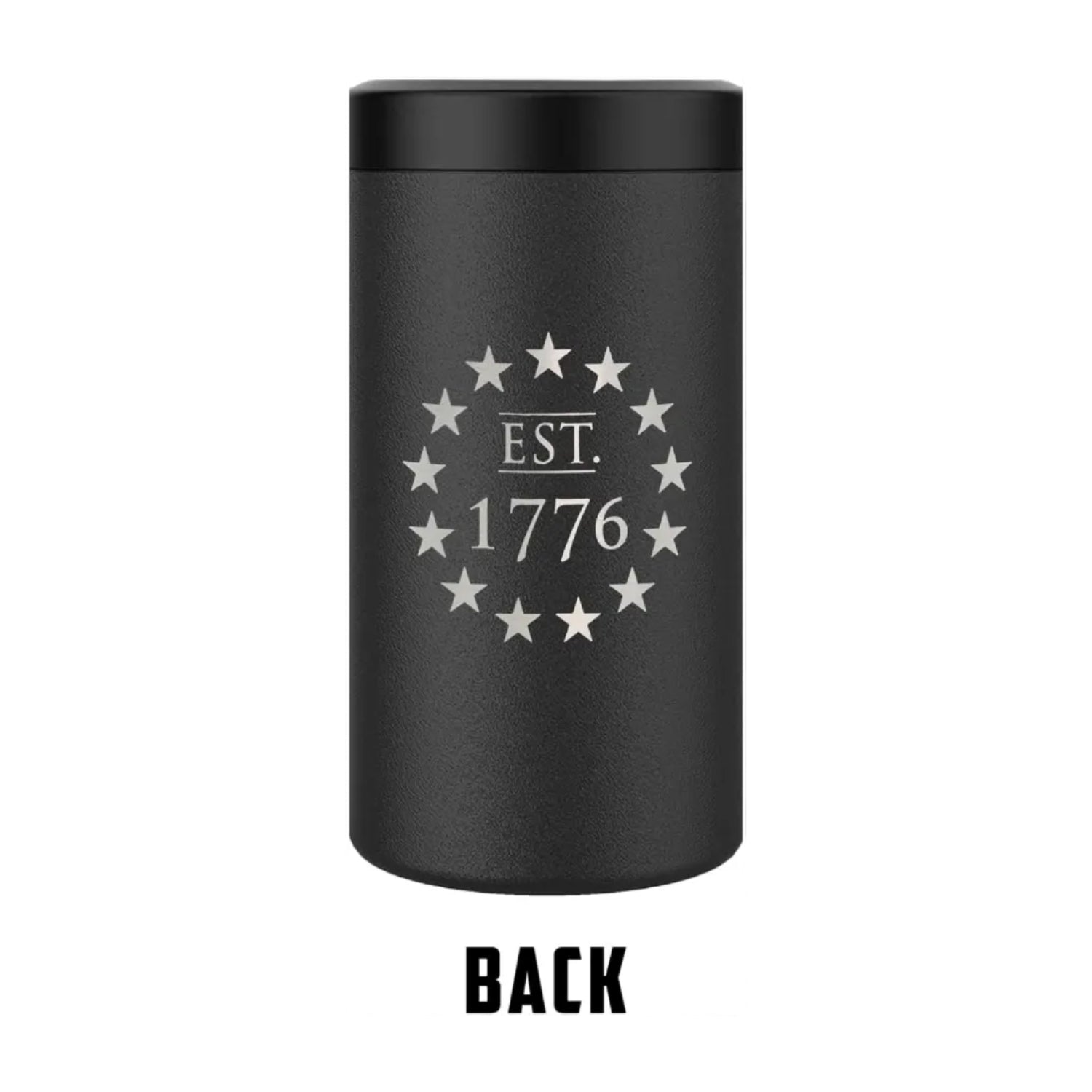 American flag 4-in-1 insulated can cooler by Military Gift Shop, fits most bottles and cans with patriotic design.
