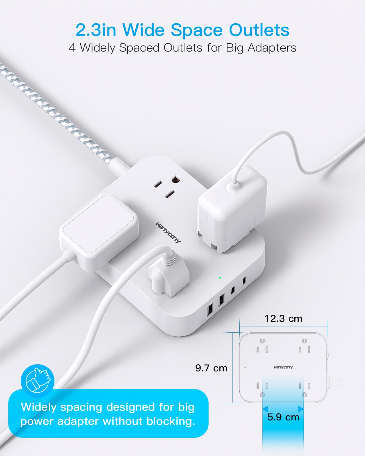 HANYCONY Flat Plug Extension Cord, 4 Widely Power Strip with 4 USB Ports - HANYCONY Official Product View 2