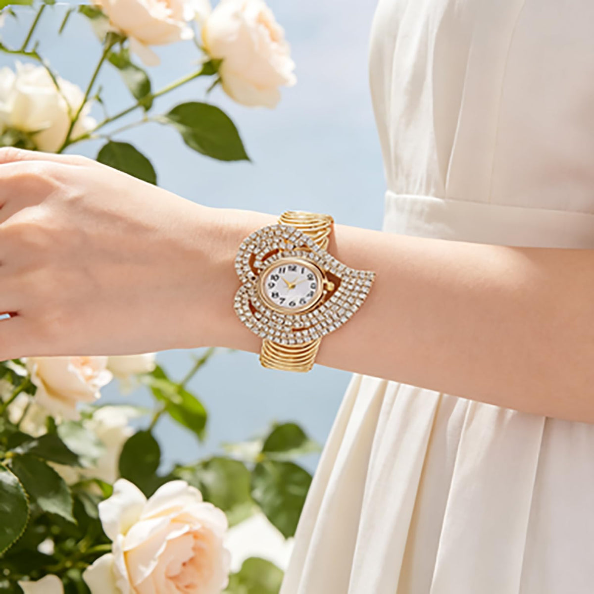 Women s Heart Shaped Crystal Bracelet Watch Gold Toned Cuffs - VILKFY Official Imagery - 5