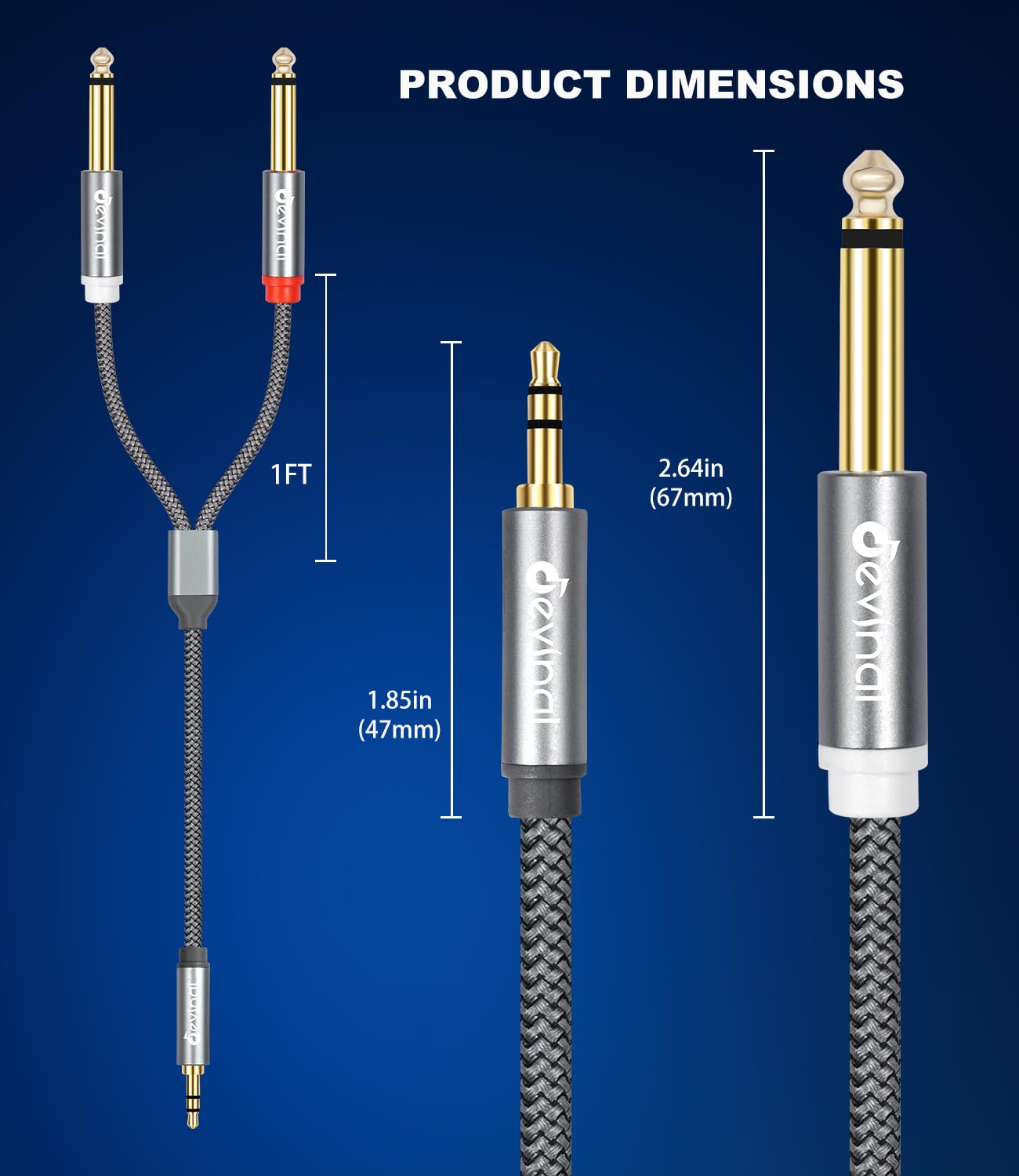 Devinal 3.5mm TRS to Dual 6.35mm TS Mono Audio Cable, 3.3FT, Brai by Devinal - Angle View 5