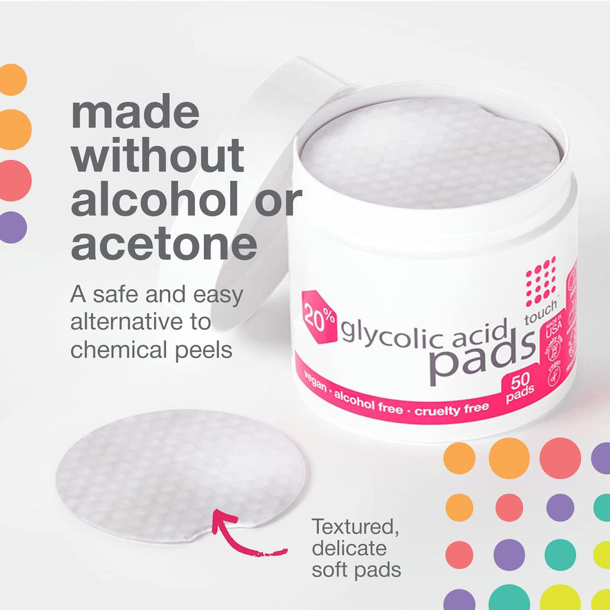 TOUCH 20 Glycolic Acid Pads Exfoliating Face Wipes 50 Count - TOUCH Official Imagery - 6