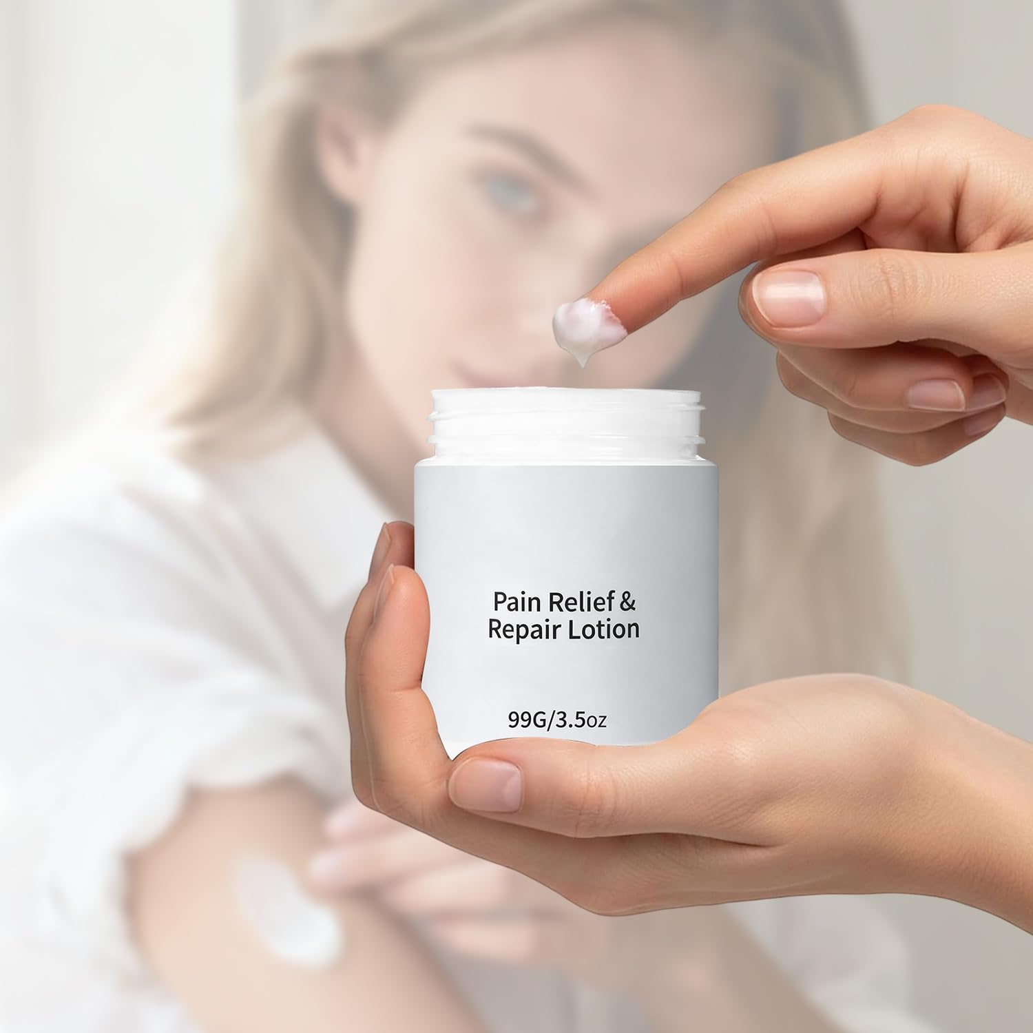 SereniMist Mira Relief Lotion magnesium and arnica cream in a jar, soothing skin moisturizer for pain relief and skin comfort.