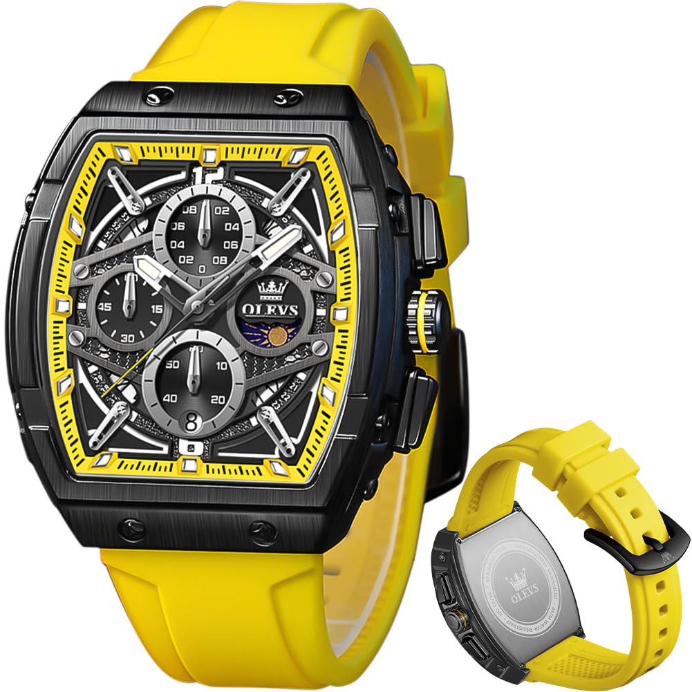 OLEVS Men Square Chronograph Watch Gold Silicone Strap