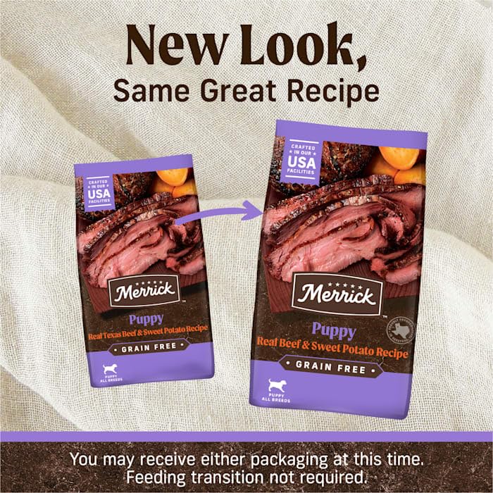 Merrick Grain Free Beef and Sweet Potato Puppy Food in 4 lb bag, featuring natural ingredients and a resealable package