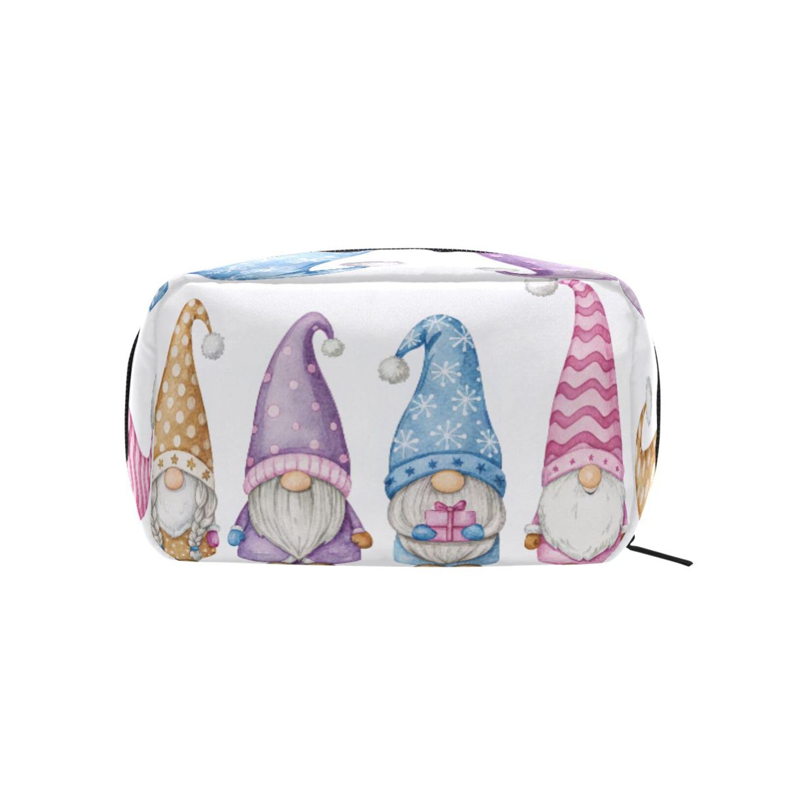 JUZIHAI Watercolor Cute Gnomes Makeup Bag for Purse, Travel Cosmetic Organizer Pouch with 5 Compartments, Small Portable Zipper Toiletry Bag for Women