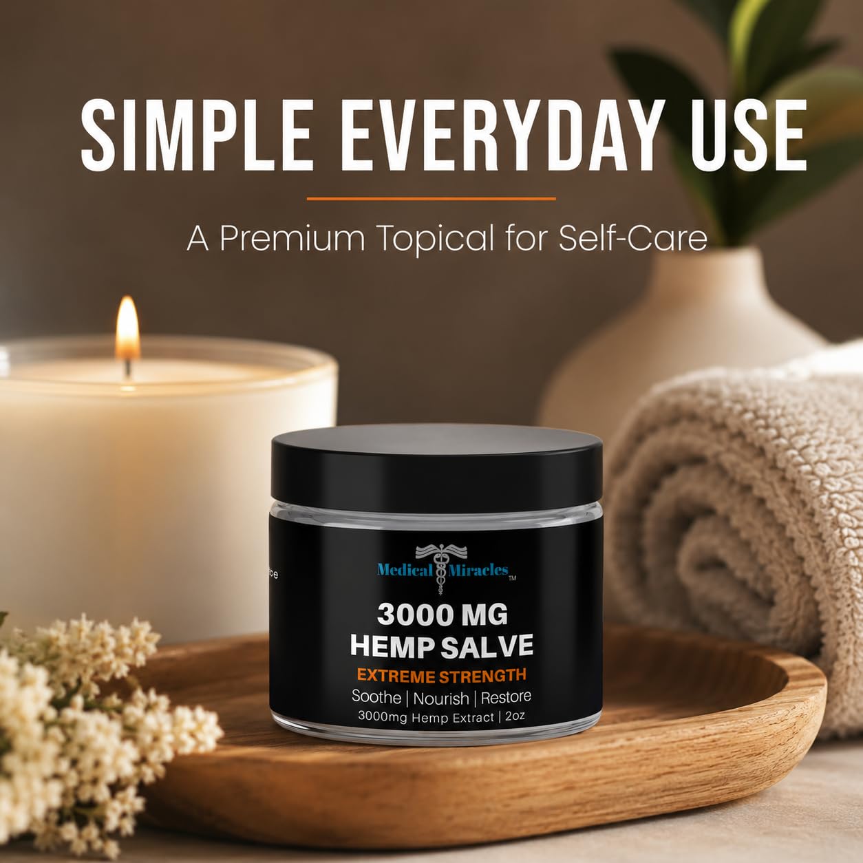 Medical Miracles hemp salve jar showing 3000 MG maximum strength formula, used for hips, joints, neck, and back pain relief.