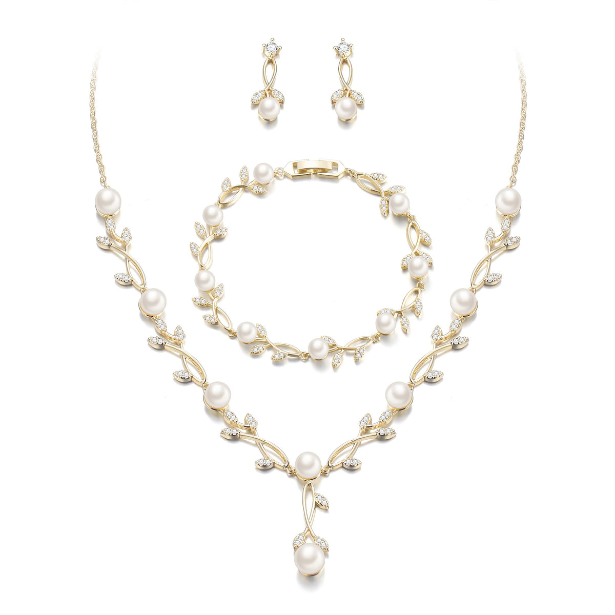 EVER FAITH Cubic Zirconia Pearl Leaf Bridal Jewelry Set for - EVER FAITH Official Imagery - 1