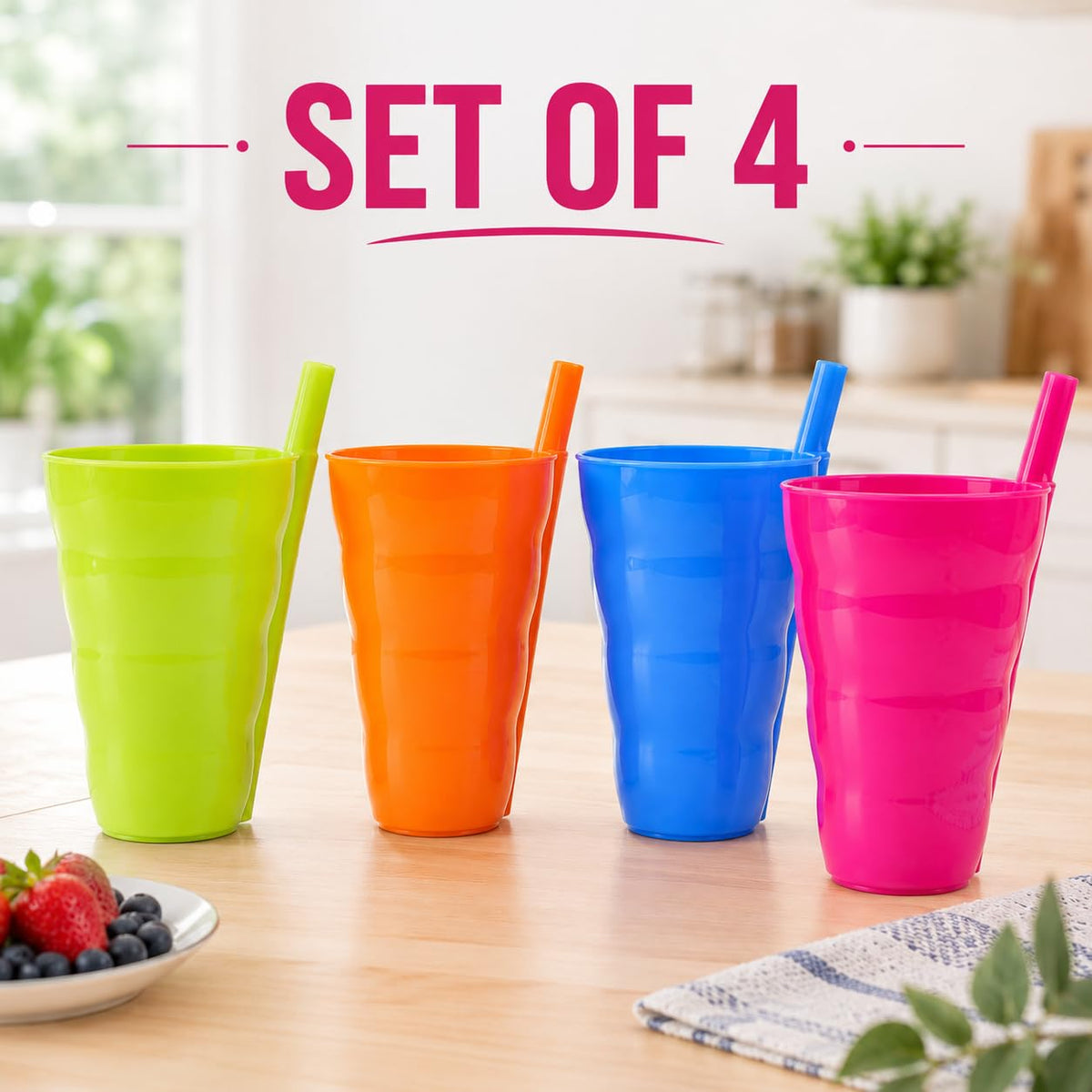 Basicwise Set of 4 Reusable 10 oz Plastic Cups with Built In - Basicwise Official Imagery - 3