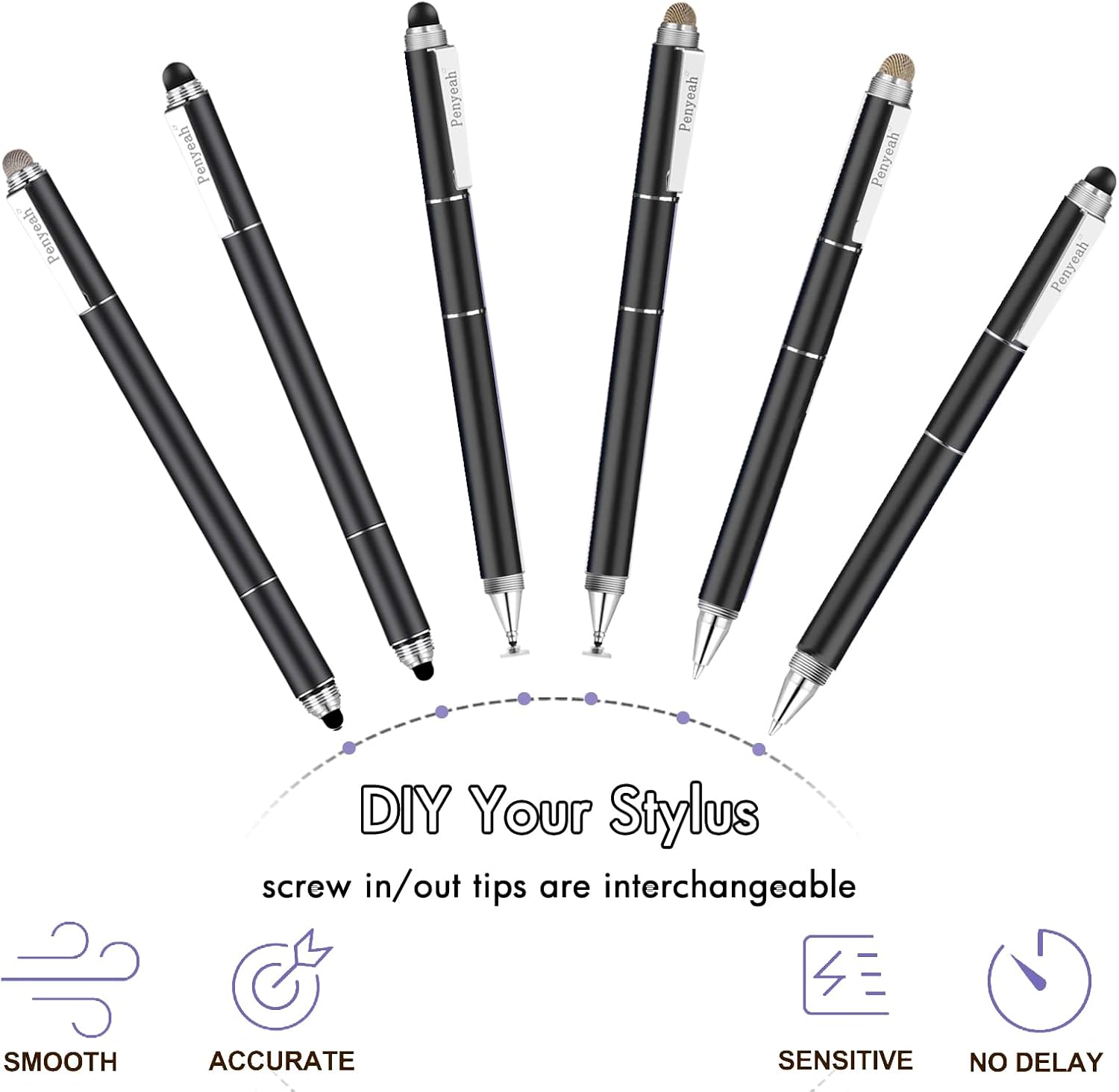 Penyeah 4-in-1 disc stylus pen for touch screens, high precision digital stylus with multiple tips on white background.
