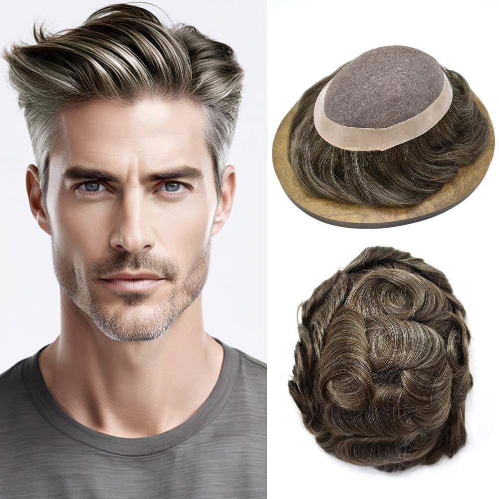 Curve Hair Mens Toupee Human Hair Piece Replacement System Monofilament Wig Hair Unit for Men Durable Poly Coated Mens Hairpiece (#440 Medium Brown+40% Gray, 7"X9")