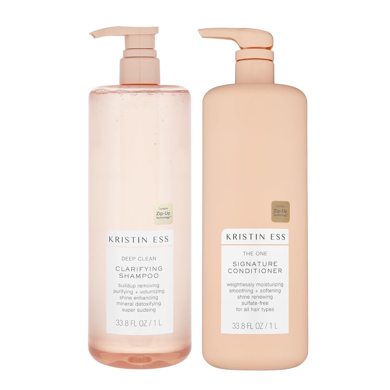 Kristin Ess clarifying shampoo in a clear bottle with white label, designed for deep cleansing and hair detox.
