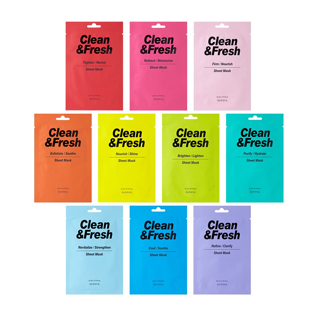 EUNYUL Clean & Fresh Sheet Mask Set, Pack of 10, 0.74 fl oz - Product Imagery