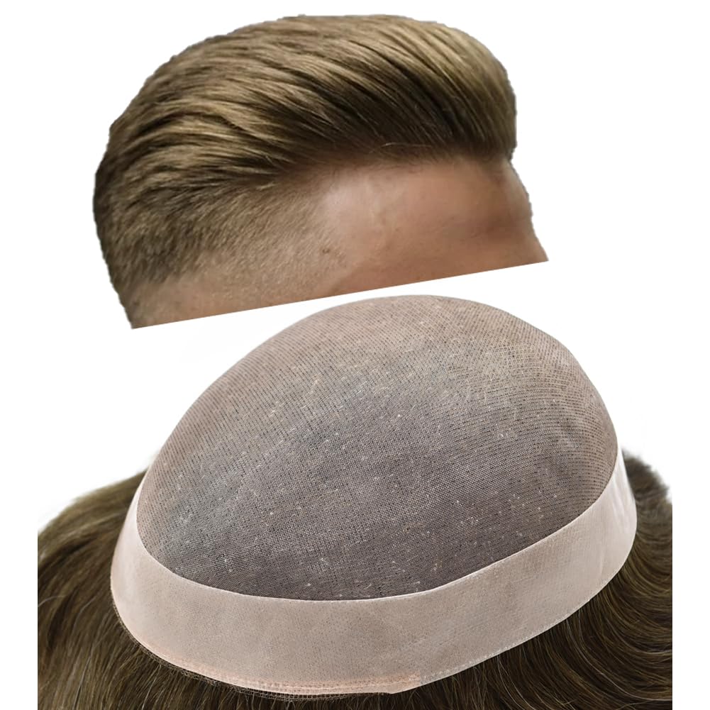 Curve Hair Mens Toupee Human Hair Piece Replacement System Monofilament Wig Hair Unit for Men Durable Poly Coated Mens Hairpiece (#540 Light-Med Brown+40% Gray, 6"X8")
