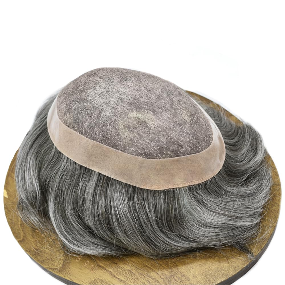 Curve Hair Mens Toupee Human Hair Piece Replacement System Monofilament Wig Hair Unit for Men Durable Poly Coated Mens Hairpiece (#1B60 Off Black+60% Gray, 7"X10")