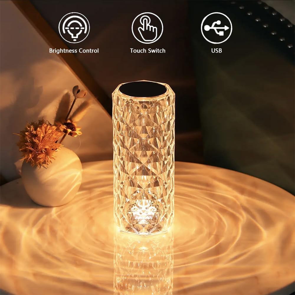 Leroxo portable crystal table lamp with touch control featuring three color options and rechargeable design, elegant and modern decor.