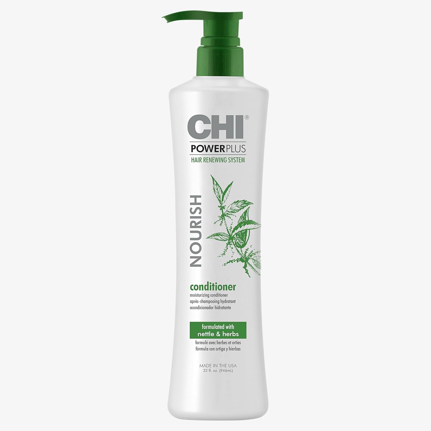 Elefair CHI Powerplus Nourishing Conditioner for hair renewal, showing a white bottle with black cap and label text.