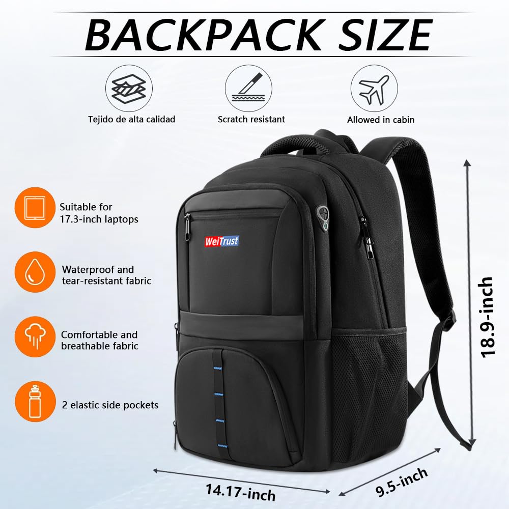 WeiTrust Travel Laptop Backpack, 40L Water-Resistant & Durable Business Backpack, Airline-Approved for Carry-On, Fits 17.3-inch Laptops, Suitable for School & Daily Commute