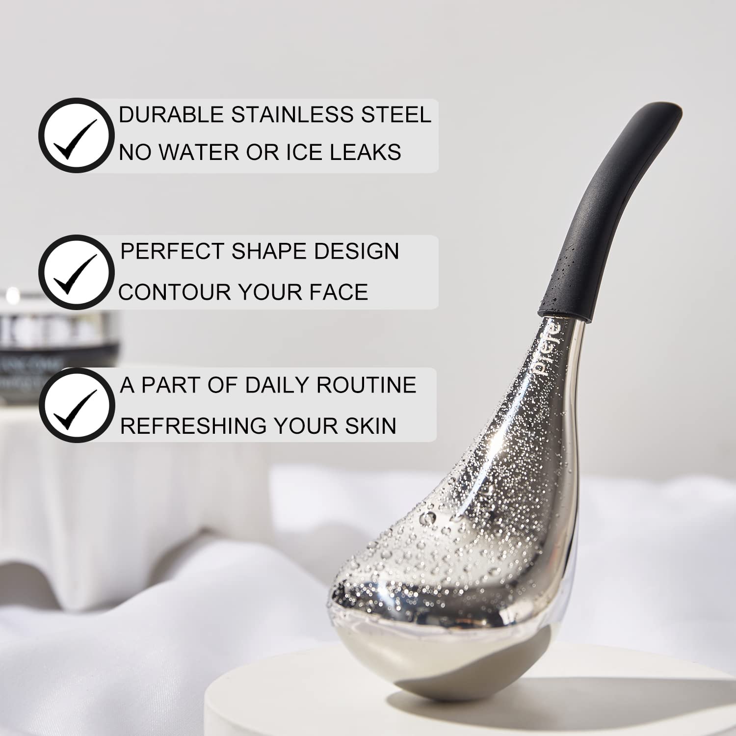 pfefe stainless steel ice globes facial skin care tools for women, used on face and eye areas for cooling and soothing.