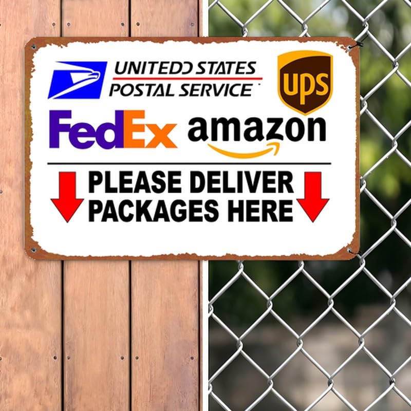 Vintage Delivery Packages Here Print Metal Sign 8x12 Inch - Product Imagery