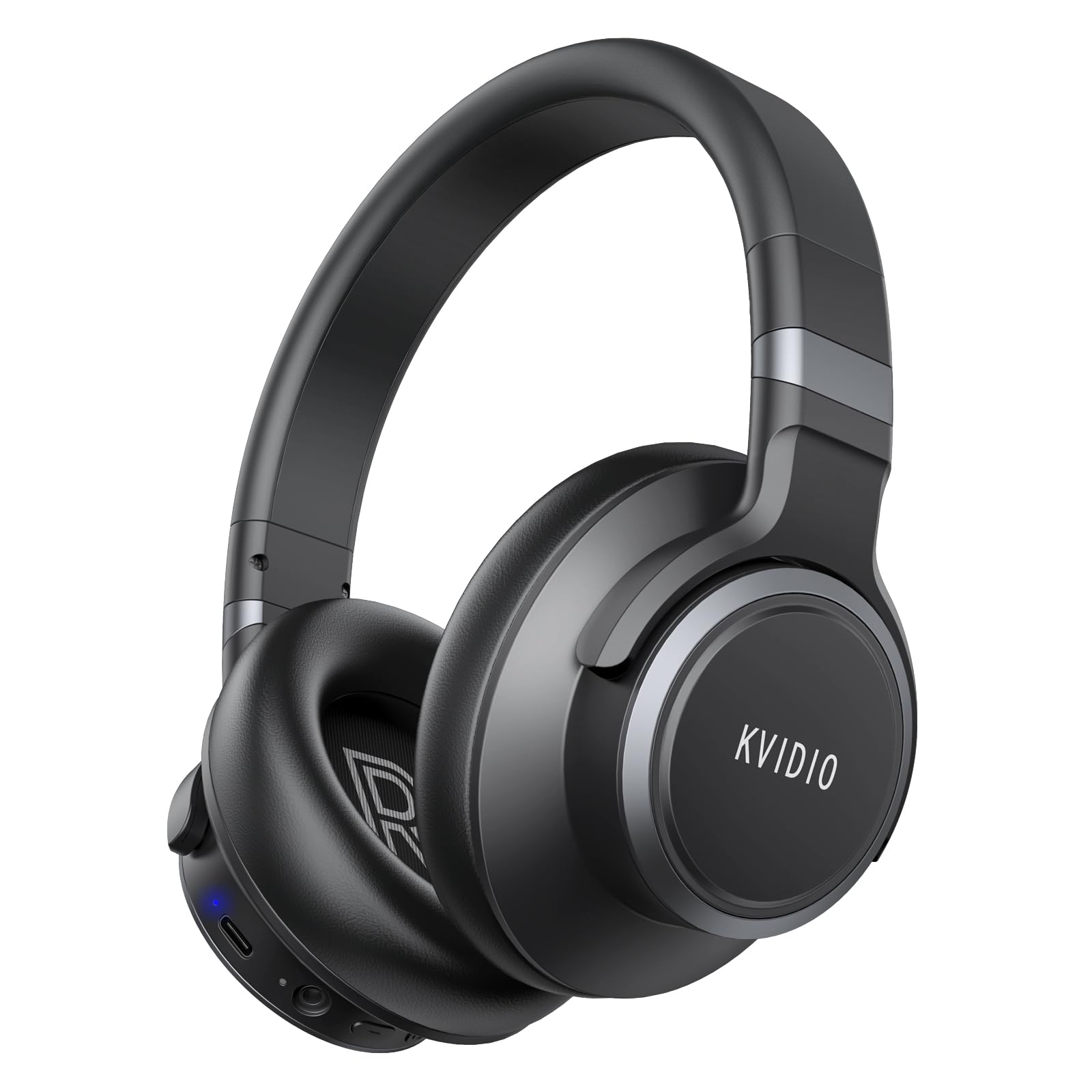 KVIDIO active noise cancelling Bluetooth headphones with over-ear design, deep bass, microphone, and 70-hour playtime for travel and office.