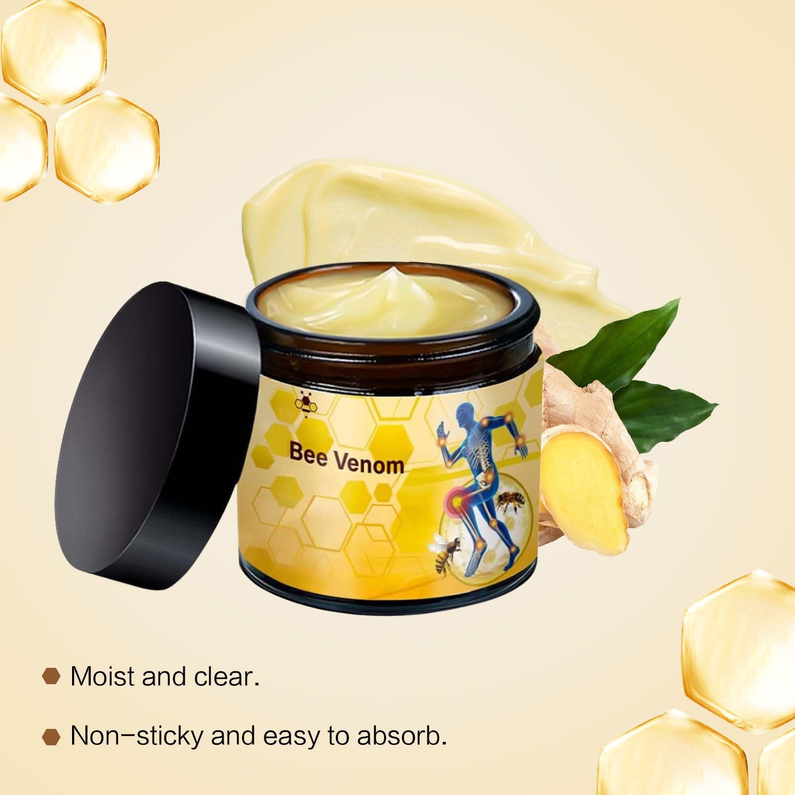 OBRVE Bee Venom Cream for back, neck, and joints in a 2-piece skin care set, shown in a sleek jar with a natural background.