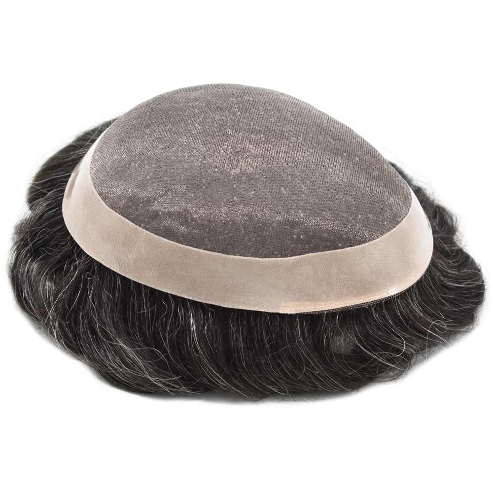 Curve Hair Mens Toupee Human Hair Piece Replacement System Monofilament Wig Hair Unit for Men Durable Poly Coated Mens Hairpiece (#1B20 Off Black+20% Gray, 6"X9")