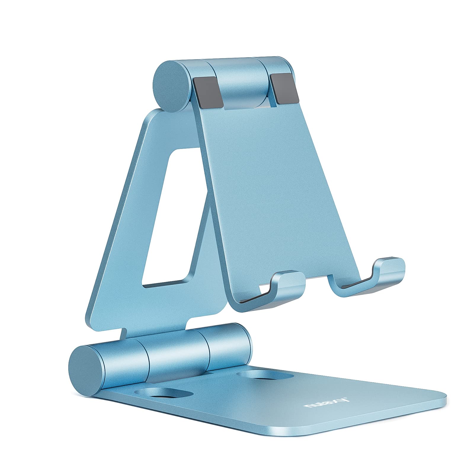 Nulaxy full aluminum dual folding cell phone stand in blue, portable desk accessory for hands-free viewing of smartphones