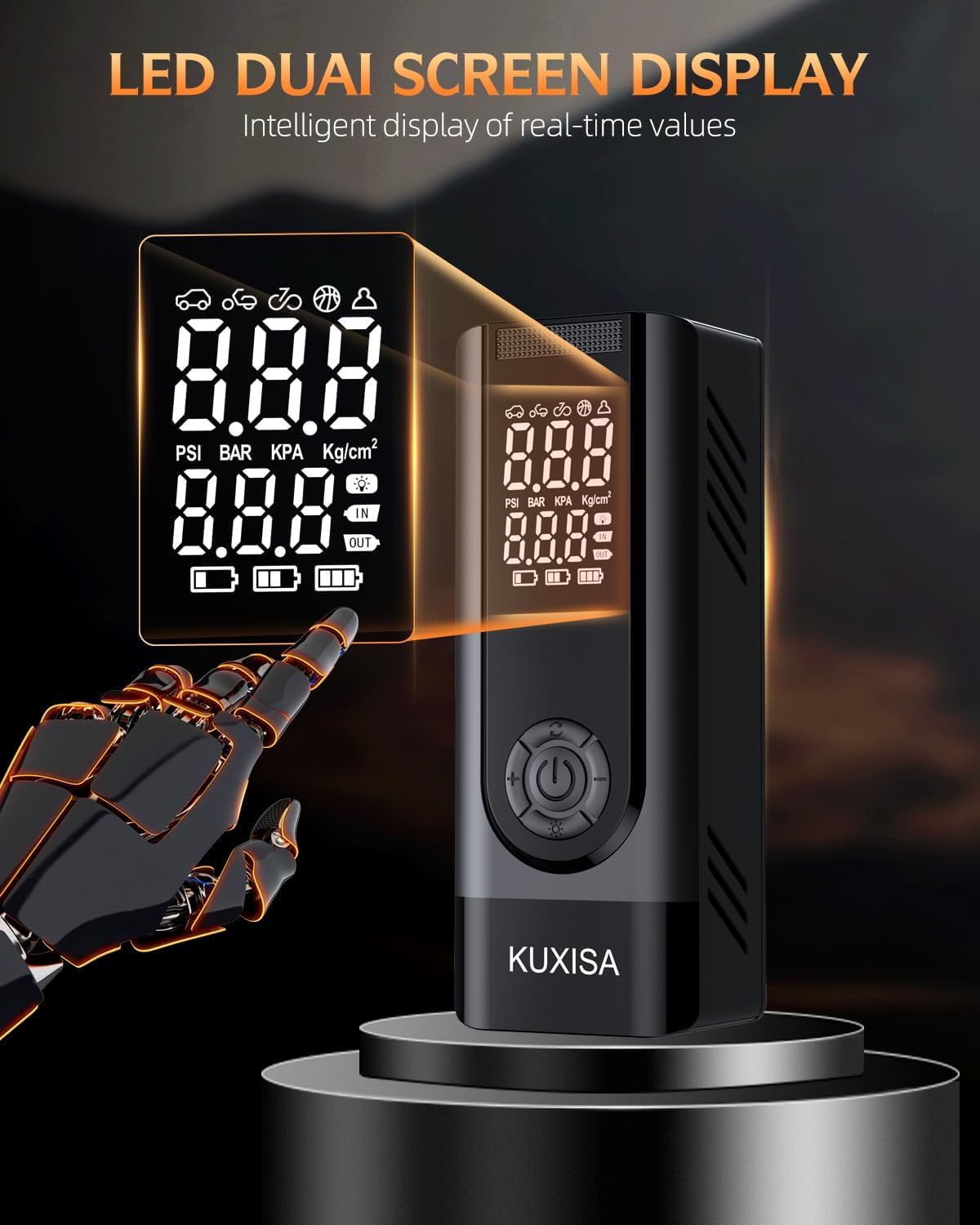 KUXISA portable tire inflator air compressor with LED lights, 180 PSI capacity, compact design, and digital pressure gauge.