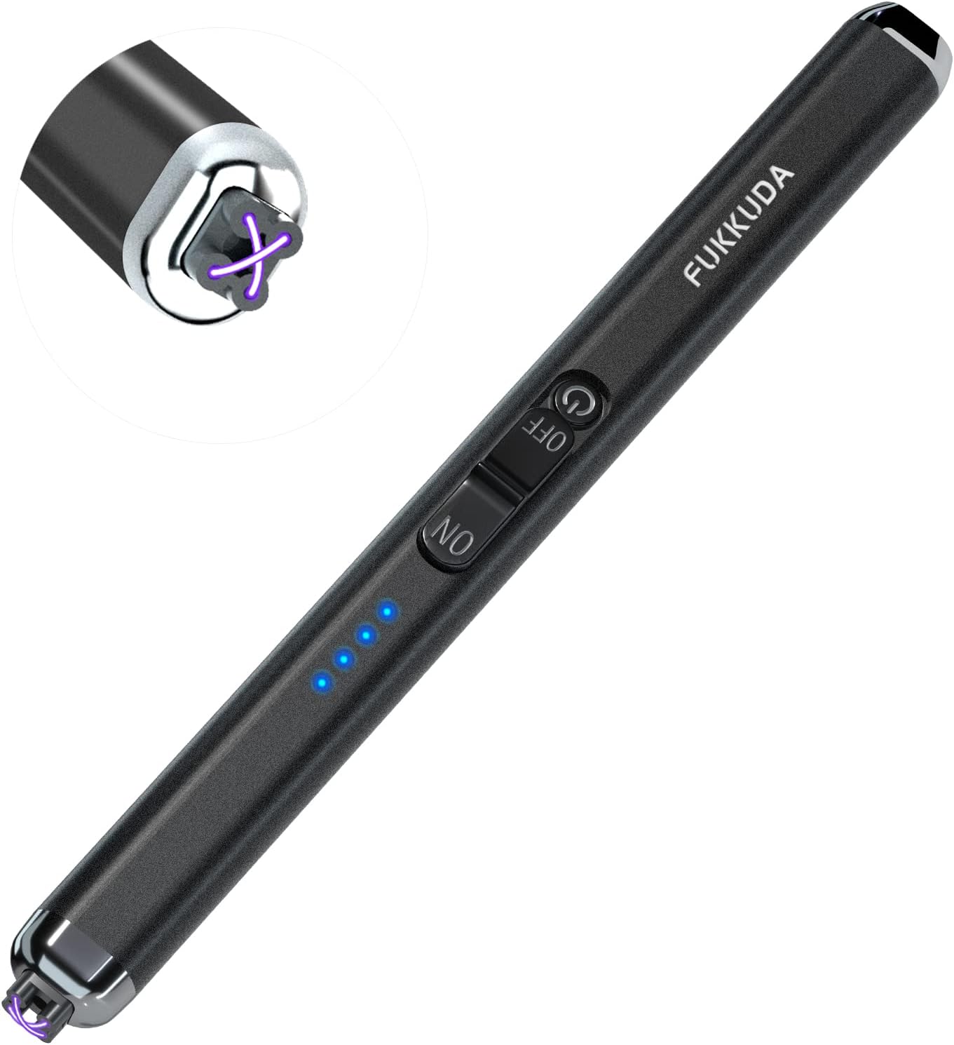 FUKKUDA electric candle lighter with safety switch, USB rechargeable, windproof design, shown with lit candle and sleek black body.