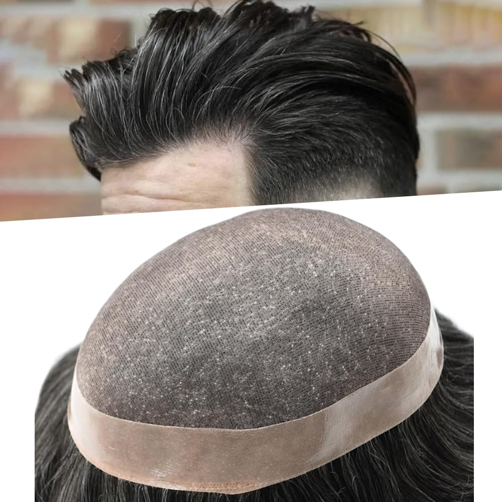 Curve Hair Mens Toupee Human Hair Piece Replacement System Monofilament Wig Hair Unit for Men Durable Poly Coated Mens Hairpiece (#1B30 Off Black+30% Gray, 8"X10")