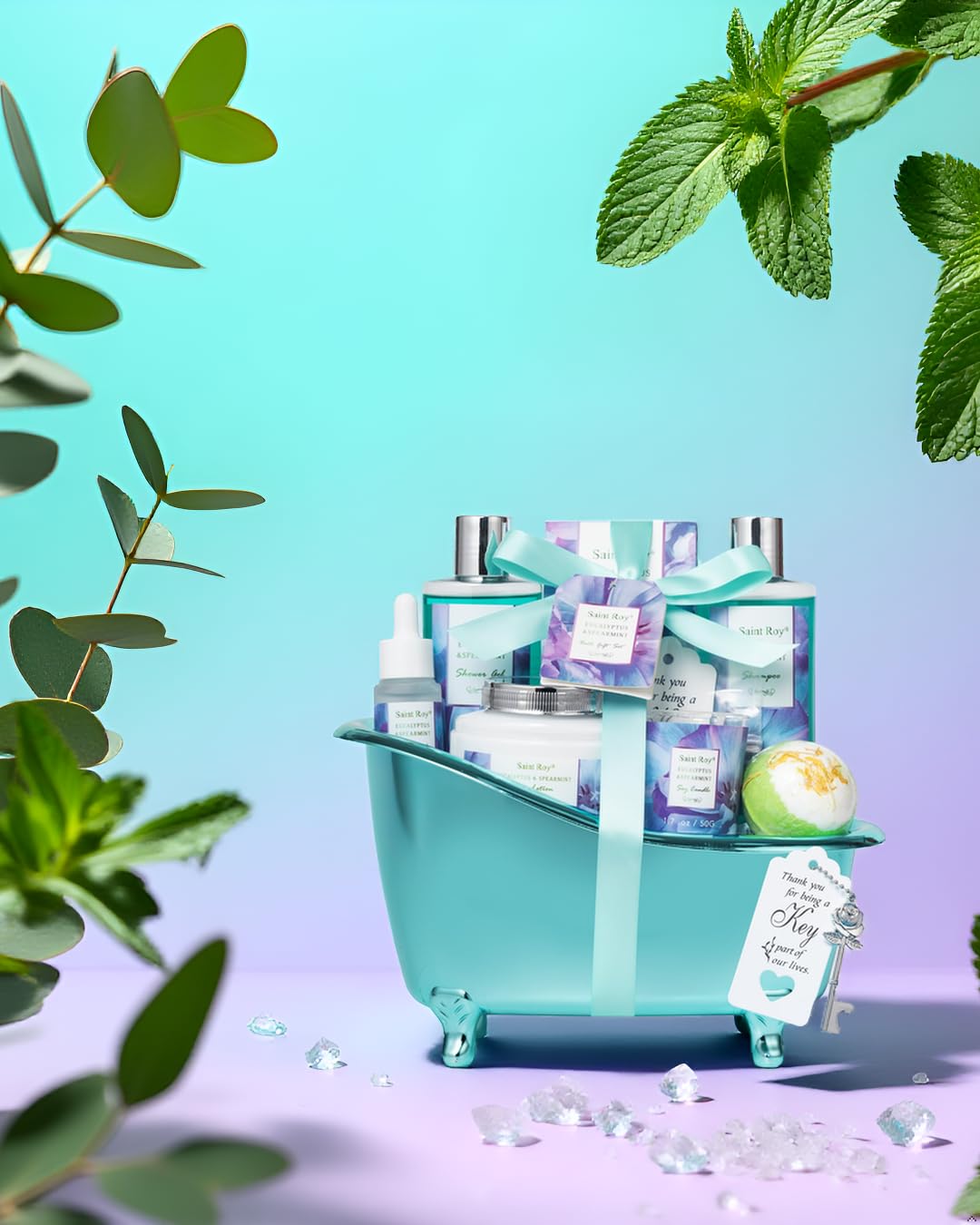 Bath and Body Basket Set EUCALYPTUS Mint Spa Gift Basket for - Saint Roy Official Imagery - 5