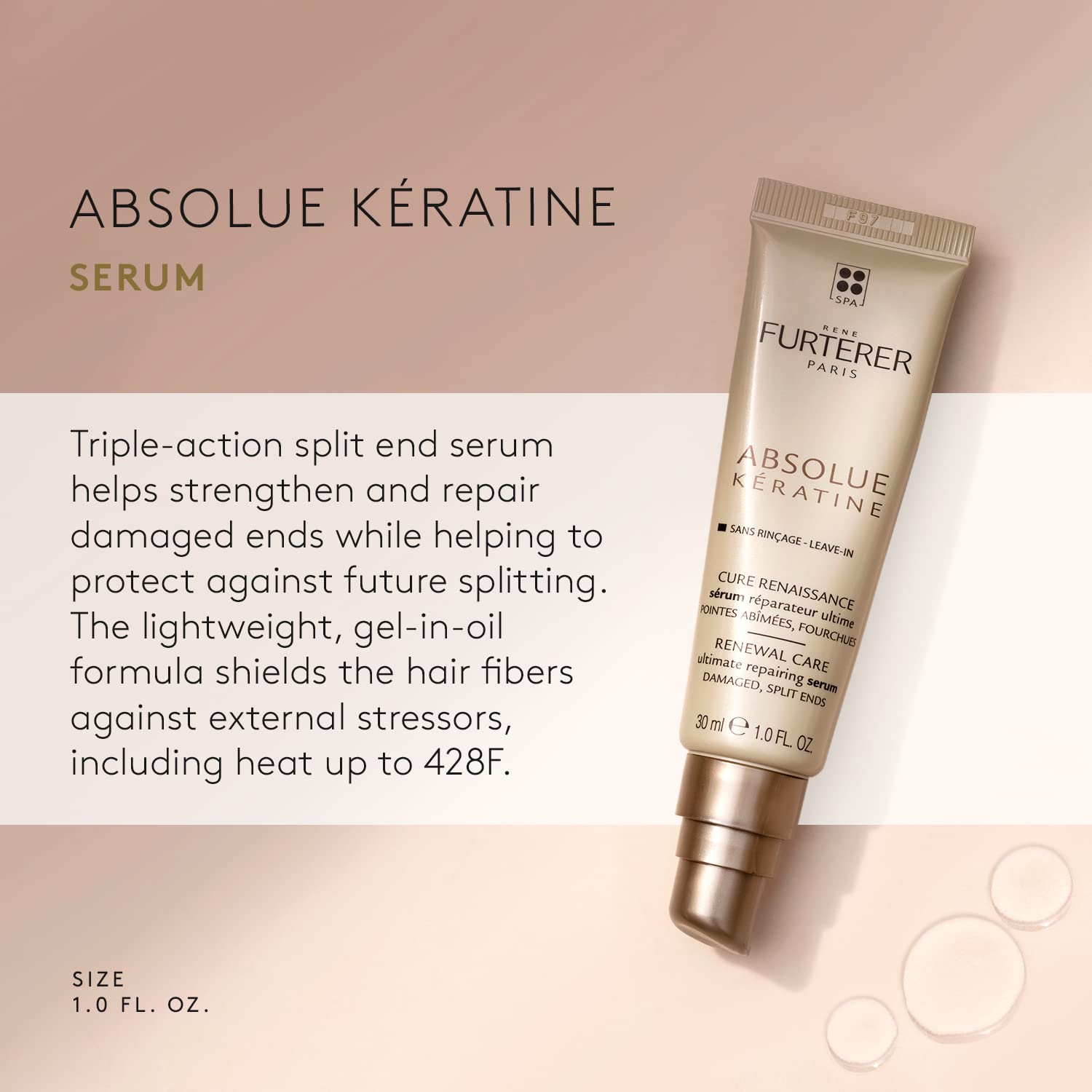 Elefair Rene Furterer Absolue Keratine Ultimate Repair Split End Serum for damaged hair, with a sleek bottle and applicator.