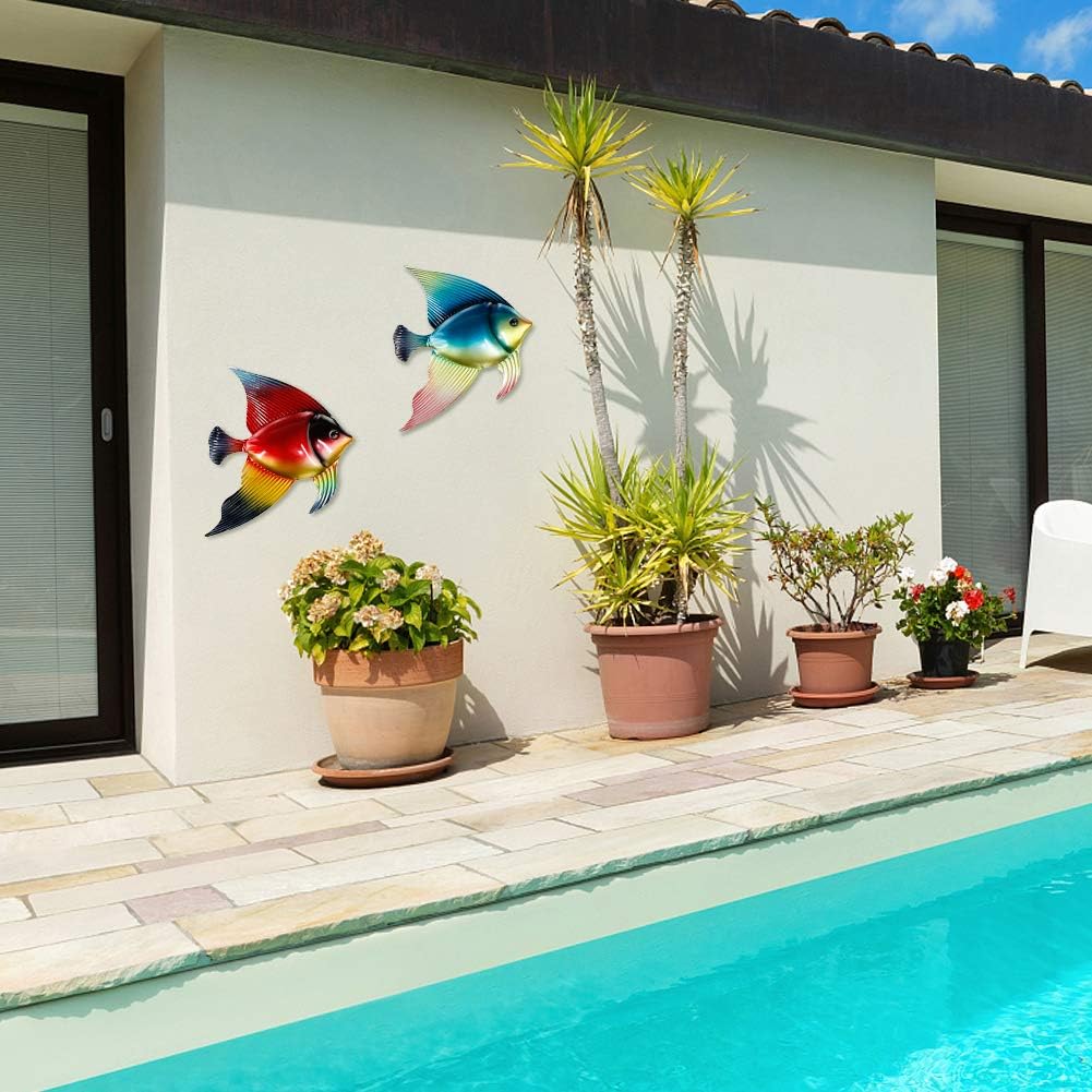 Set of three FANWNKI metal fish wall decor sculptures for outdoor or indoor pool, garden, porch, or fence decoration