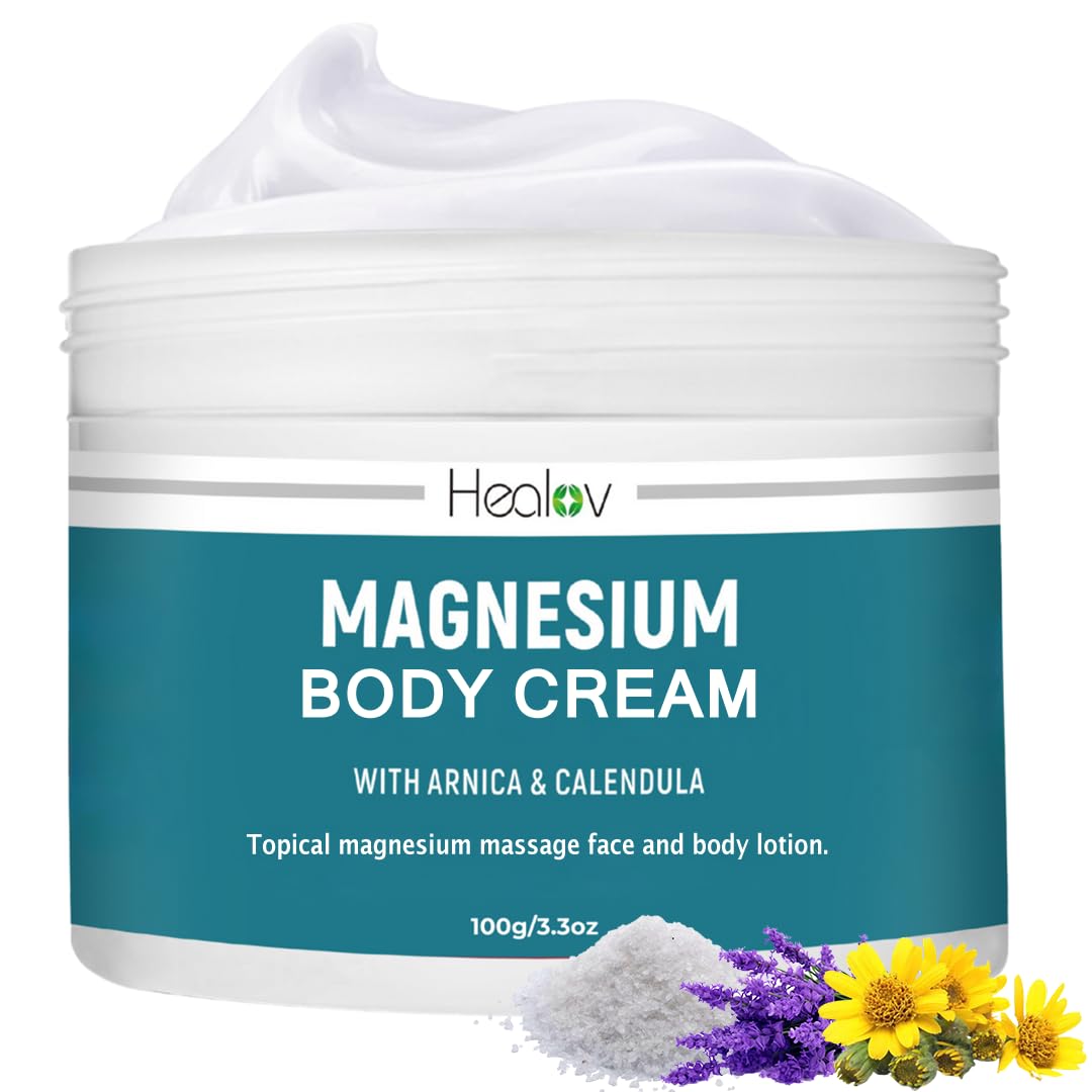 Healov magnesium lotion bottle for sleep, muscle, and leg relief, featuring a white and purple label with a pump dispenser.