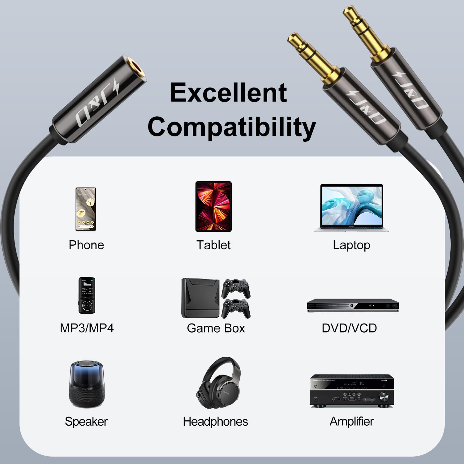 J&D 1/8 Inch TRS Stereo Y Splitter Cable, Gold Plated Copper Shel by J&D - Angle View 4