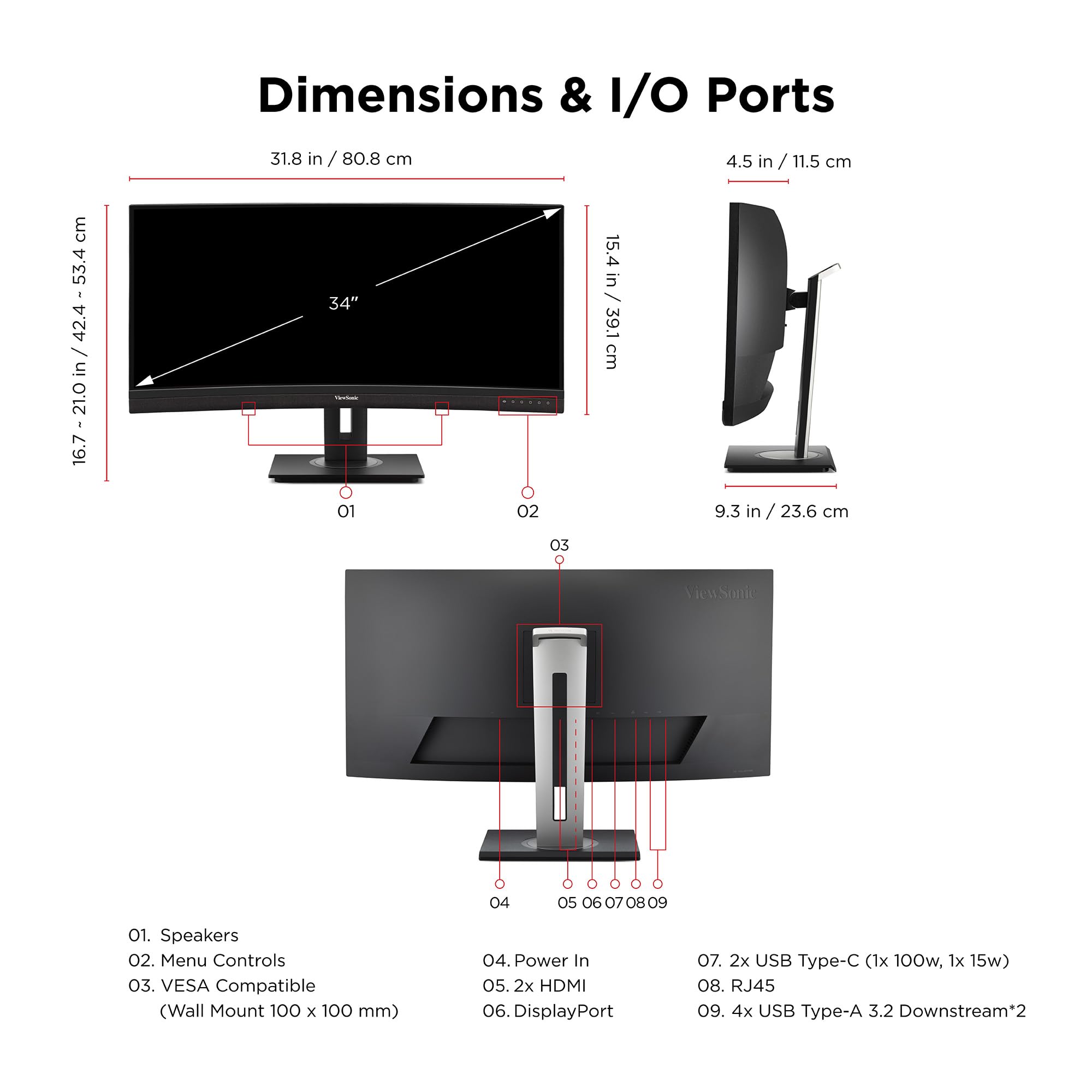 ViewSonic VG3456CA 34 Inch 1440p Ultrawide Docking Monitor, Curved IPS Display for Smooth Home and Office Productivity, Full Ergonomic Adjustability, 100W USB-C, RJ45, and HDMI Inputs