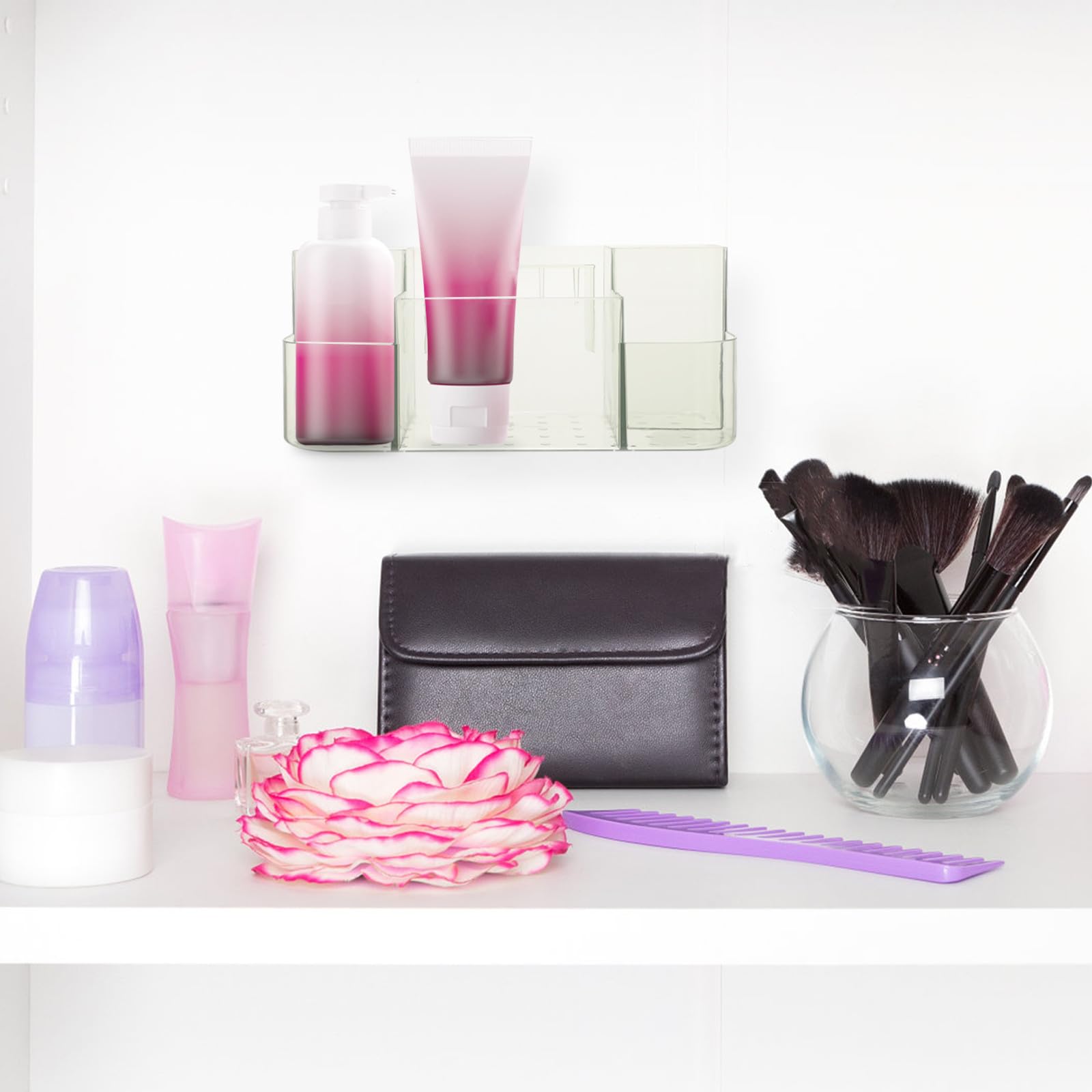 FESTFENDS wall-mounted makeup organizer caddy with multiple compartments in green for cosmetics, skincare, and beauty tools.