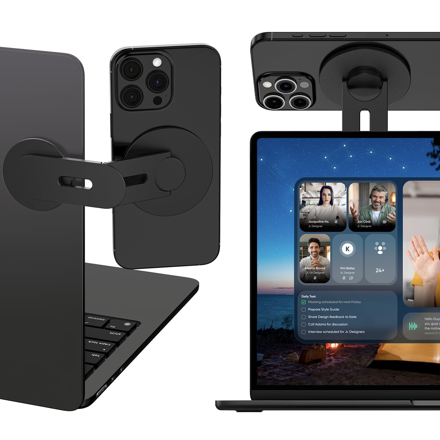 ALAFY magnetic phone holder for MacBook and Tesla, black, portable, foldable, 360° adjustable side mount for iPhone with MagSafe