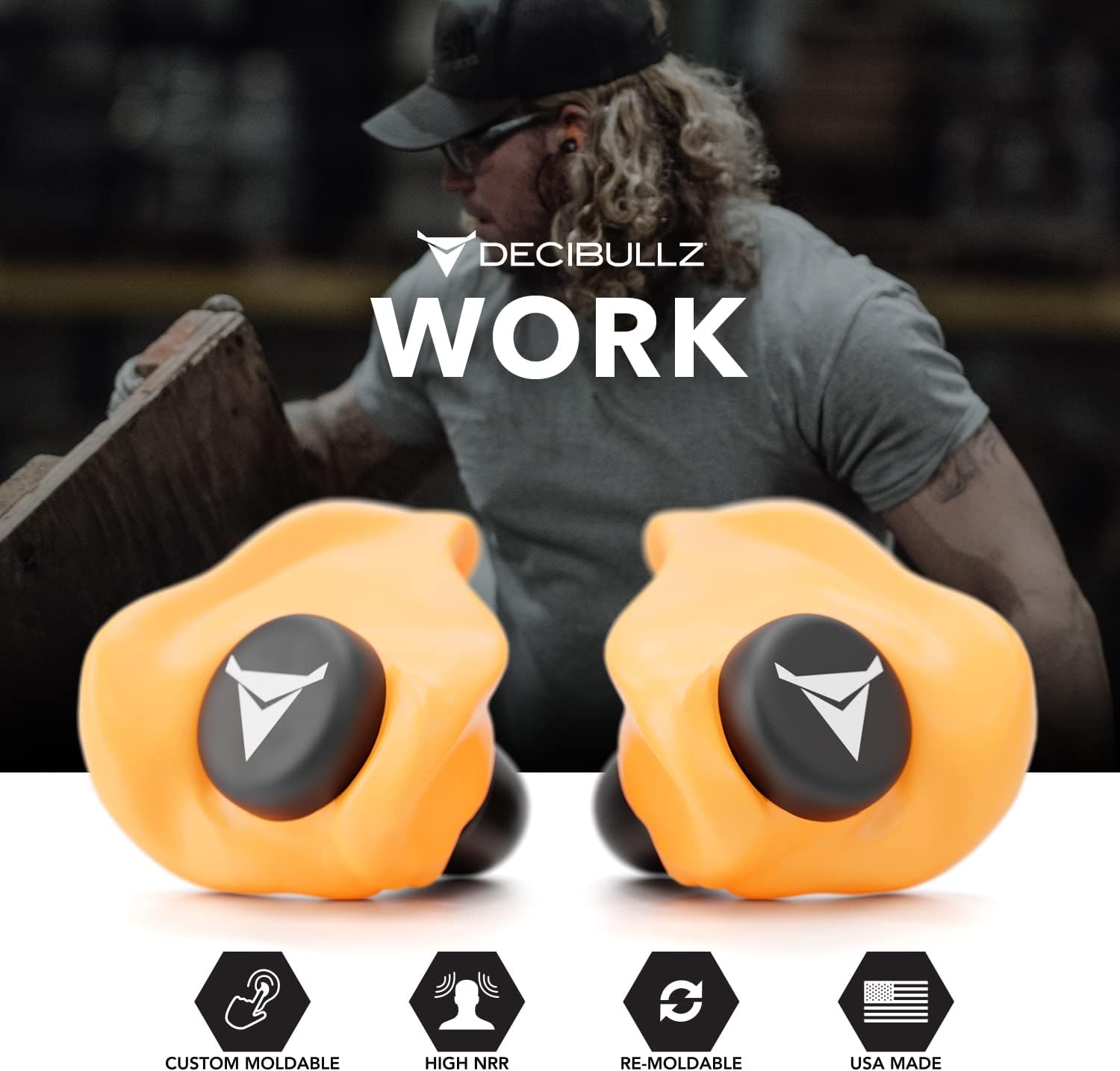 Decibullz custom molded earplugs with 31dB NRR for shooting, travel, work, and concerts, showing the comfortable, moldable design