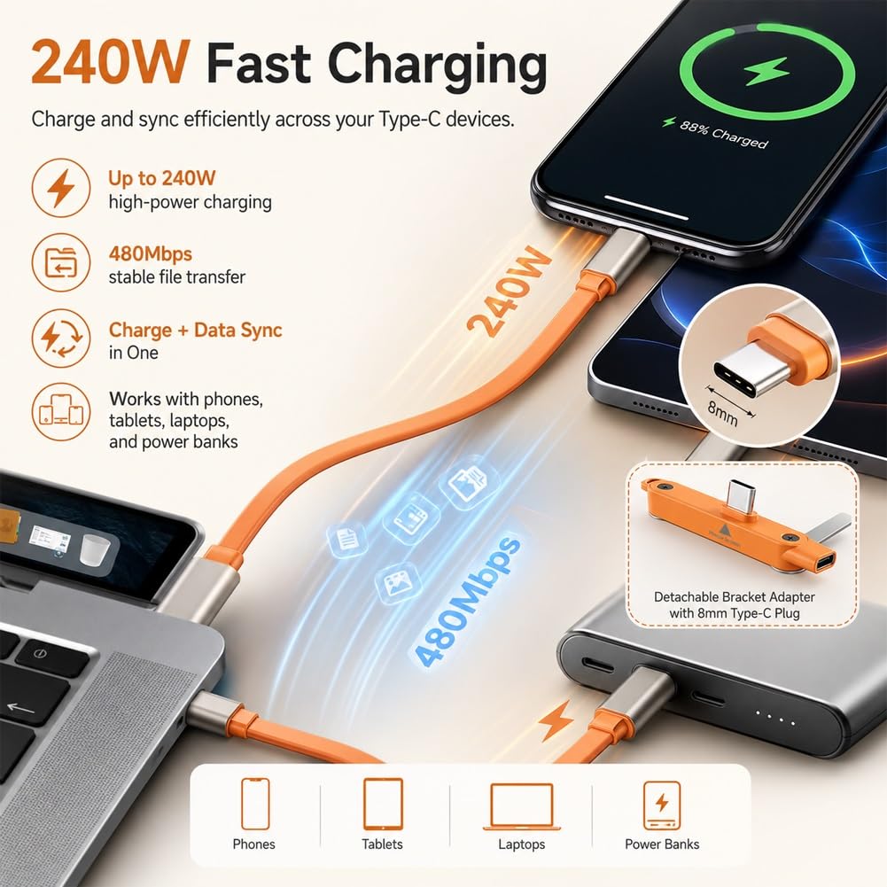 Phone Charger 240W Silicone Cable with 2 in 1 Detachable Stand 480Mbps Data Transfer Speed 90° Angle Universal Type-C for Smartphone Tablet Laptop