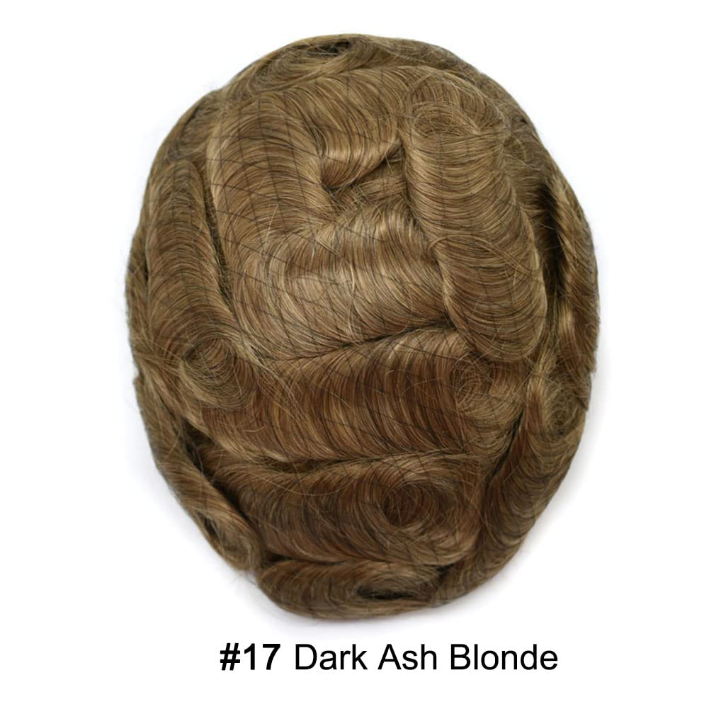 Curve Hair Mens Toupee Human Hair Piece Replacement System Monofilament Wig Hair Unit for Men Durable Poly Coated Mens Hairpiece (#17 Dark Ash Blonde, 6"X8")
