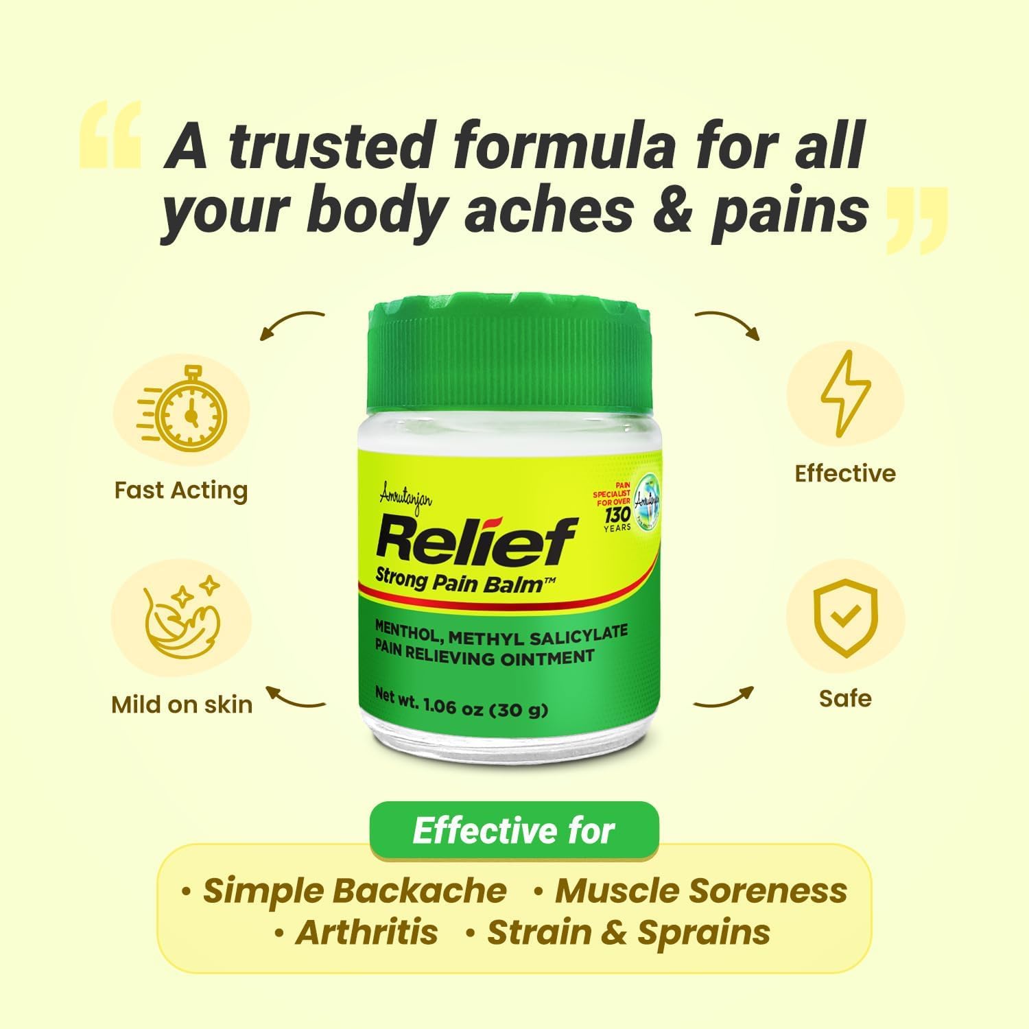 Amrutanjan Relief Strong Pain Balm for Men & Women - Joint & Muscle Pain Relief Rub, Topical Ointment Rub for Arthritis, Bruises, Backache, Knees, Joints, Strains & Sprains, Fast Acting- 1.06 oz (30g)