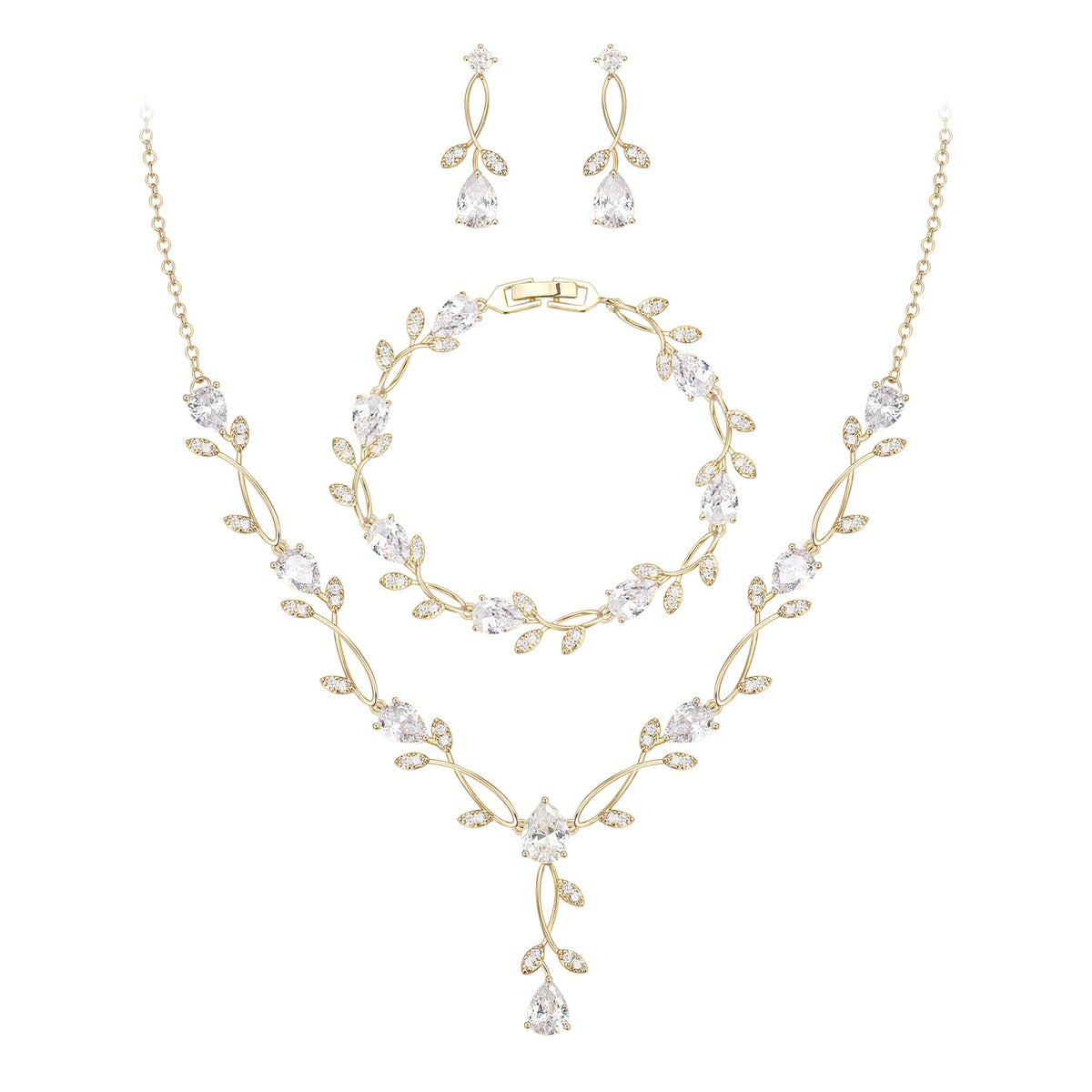 EVER FAITH Cubic Zirconia Pearl Leaf Bridal Jewelry Set for - EVER FAITH Official Imagery - 1