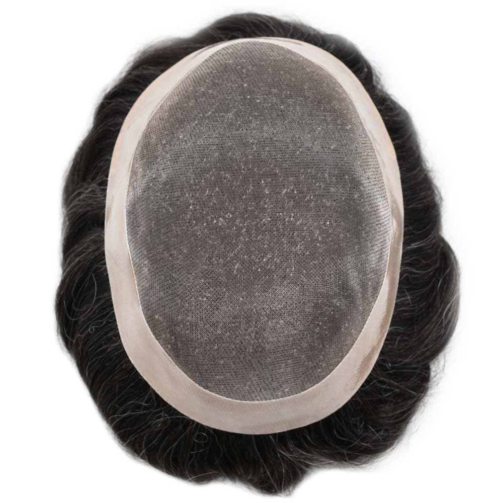 Curve Hair Mens Toupee Human Hair Piece Replacement System Monofilament Wig Hair Unit for Men Durable Poly Coated Mens Hairpiece (#1B30 Off Black+30% Gray, 7"X10")