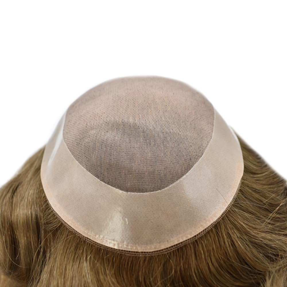 Curve Hair Mens Toupee Human Hair Piece Replacement System Monofilament Wig Hair Unit for Men Durable Poly Coated Mens Hairpiece (#720 Very Light Brown+20% Gray, 7"X9")